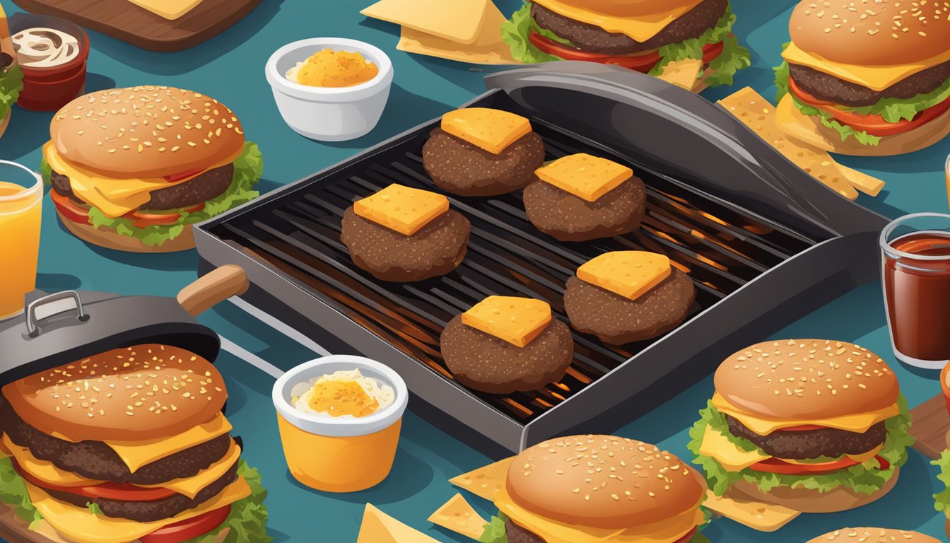 A grill with sizzling stuffed burgers, surrounded by BBQ sauce, cheese, and seasonings