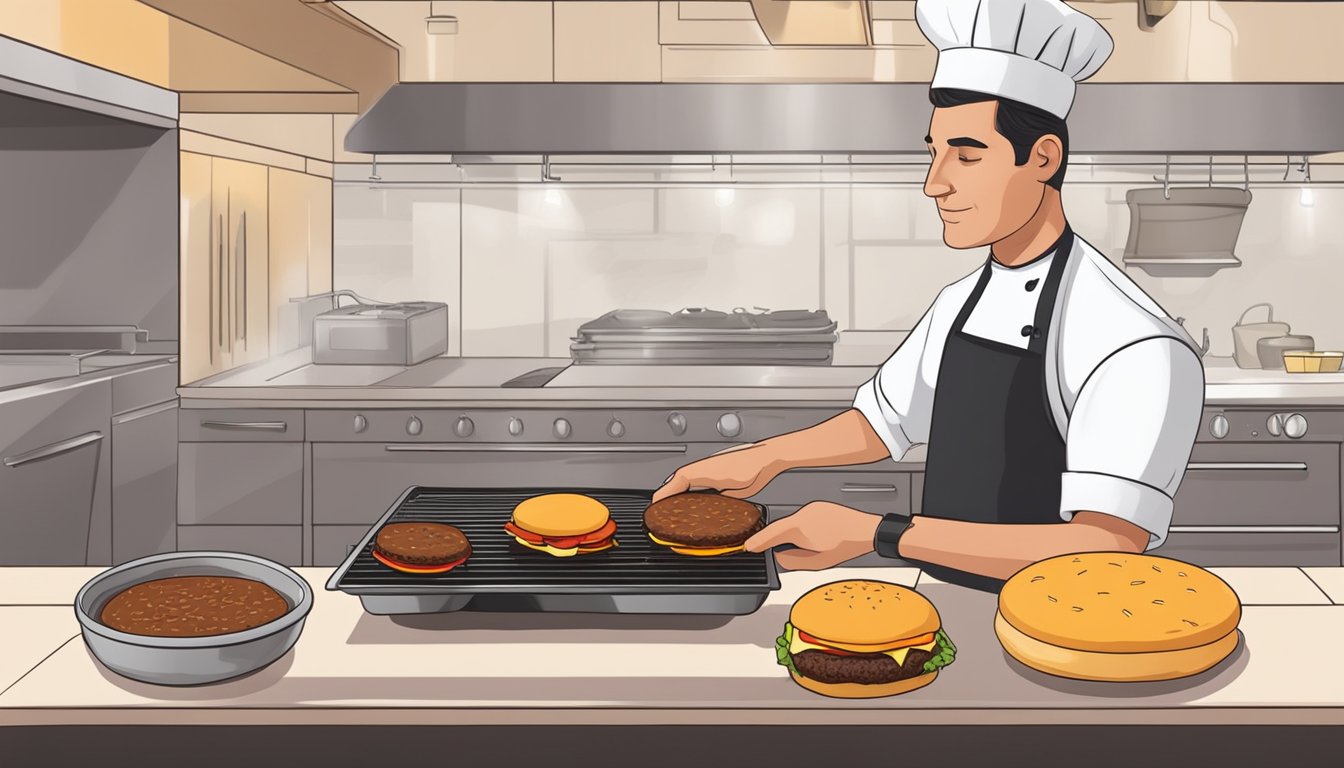 A chef stuffing a burger patty with cheese and barbecue sauce before grilling