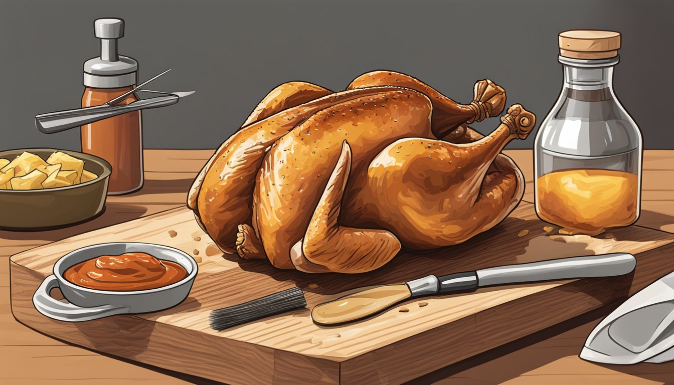 A whole chicken being butterflied open on a cutting board, with a bottle of Texas BBQ sauce and a basting brush nearby