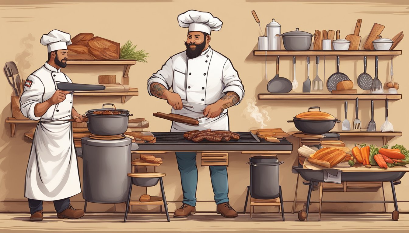 A chef prepares various BBQ techniques and cooking methods, showcasing different types of papers and Texas BBQ style