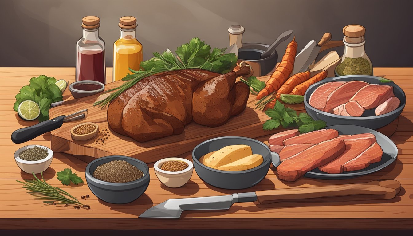 A variety of meats laid out on a wooden cutting board, surrounded by different types of grilling tools and seasonings