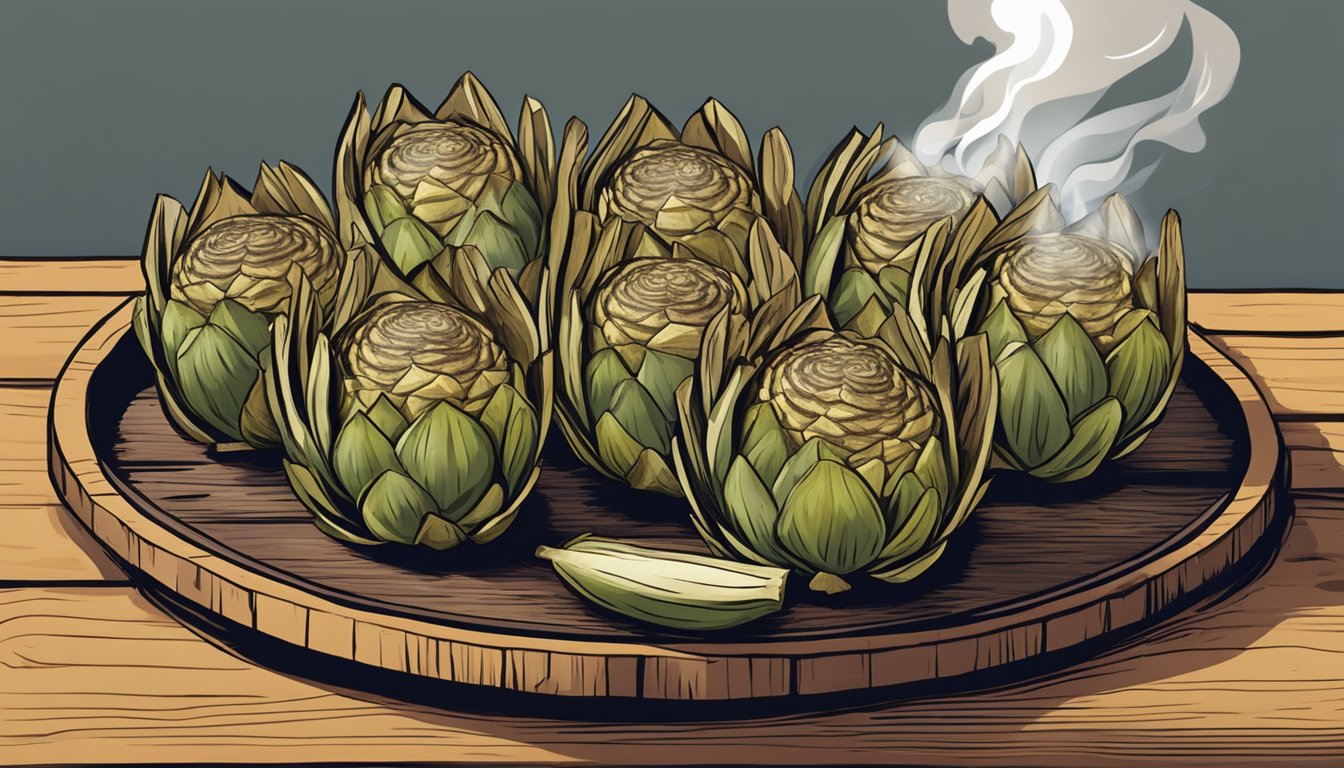 A grill with smoking artichokes, charred and ready for serving on a rustic wooden platter