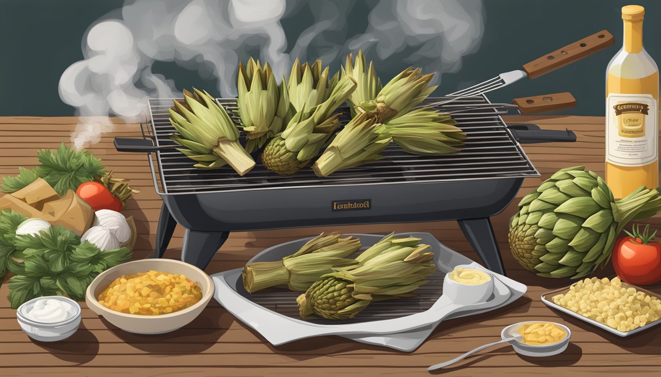 A barbecue grill with smoking artichokes surrounded by Texas BBQ ingredients and a display of nutritional information and health benefits