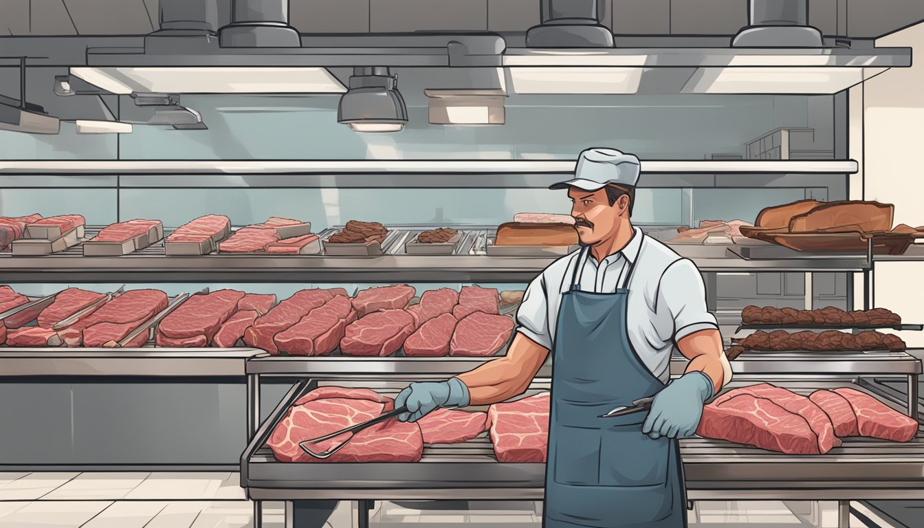 A butcher selecting a prime cut of beef for Texas BBQ