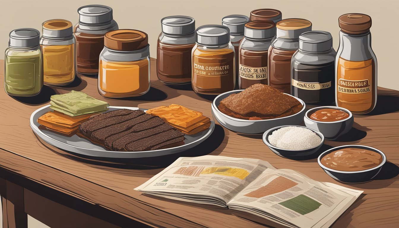 A variety of sauces and rubs displayed on a table, with different types of BBQ papers and a guidebook on Texas BBQ style