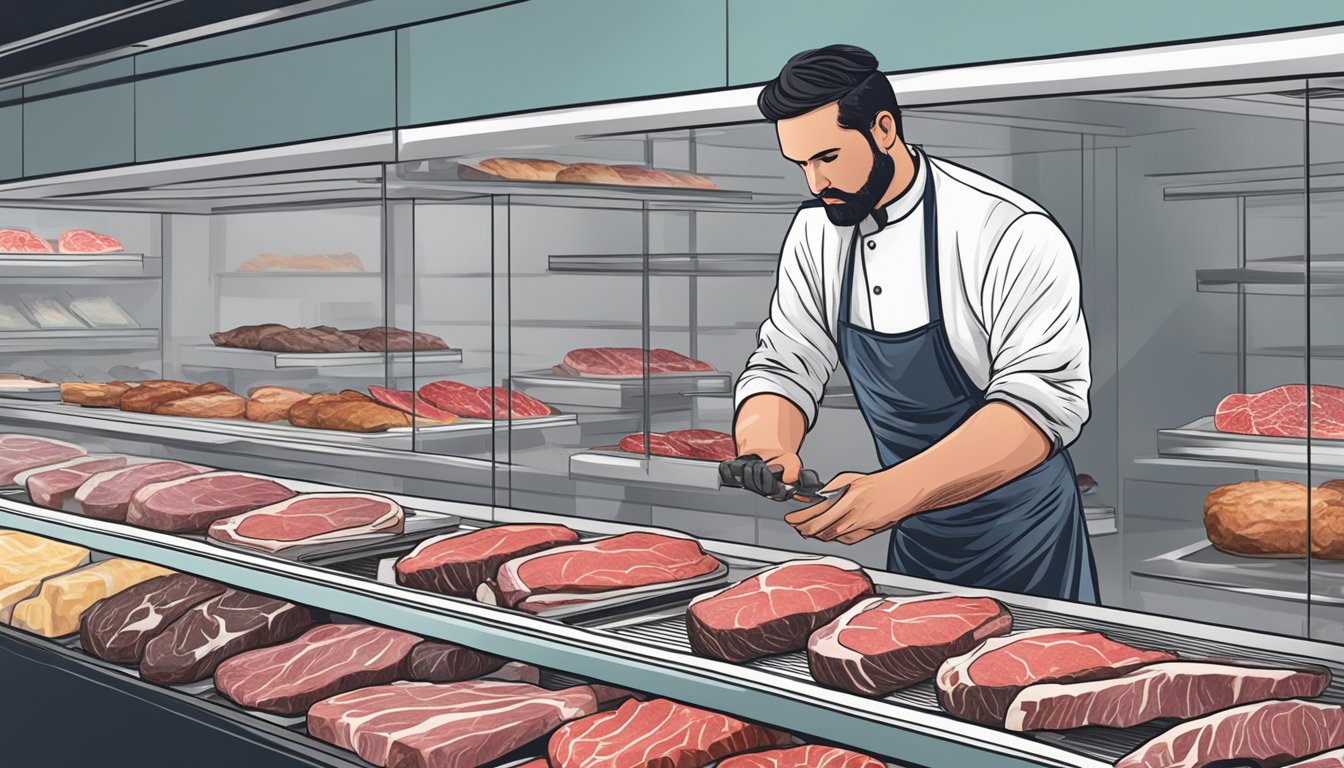 A butcher selecting a marbled ribeye steak from a display case