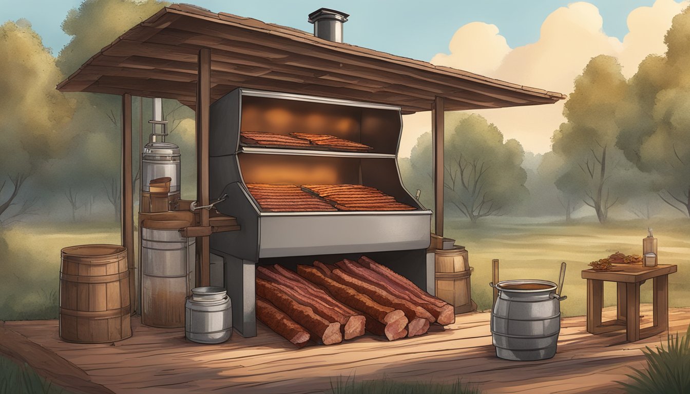 A rustic outdoor smoker filled with sizzling strips of homemade bacon, surrounded by the rich aroma of Texas BBQ spices