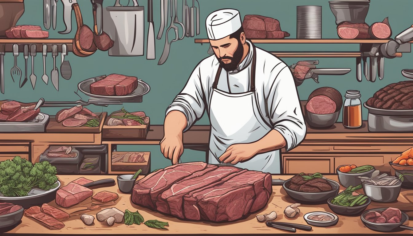 A butcher selecting a prime cut of beef for a Texas BBQ, surrounded by various cuts and tools