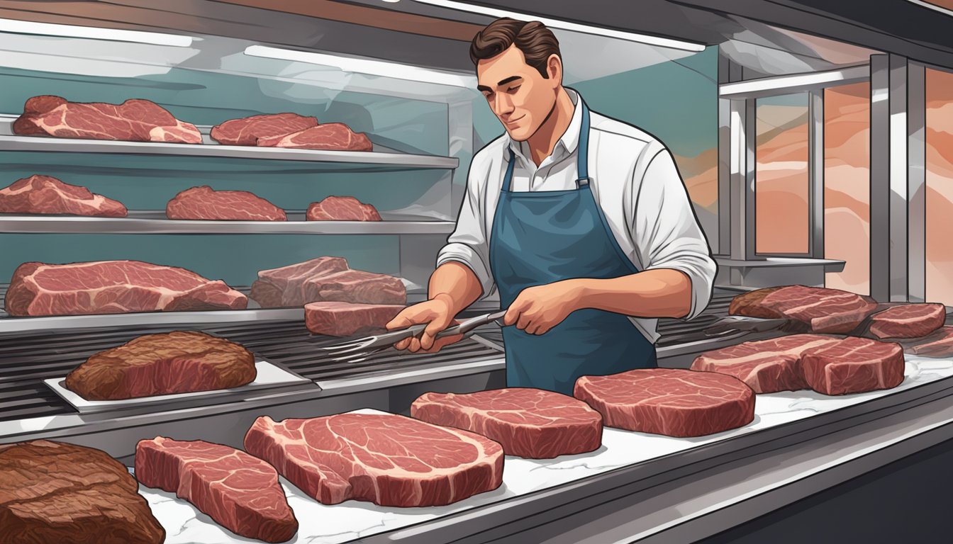 A butcher selecting a marbled ribeye steak from a display case, with a Texas BBQ sign in the background