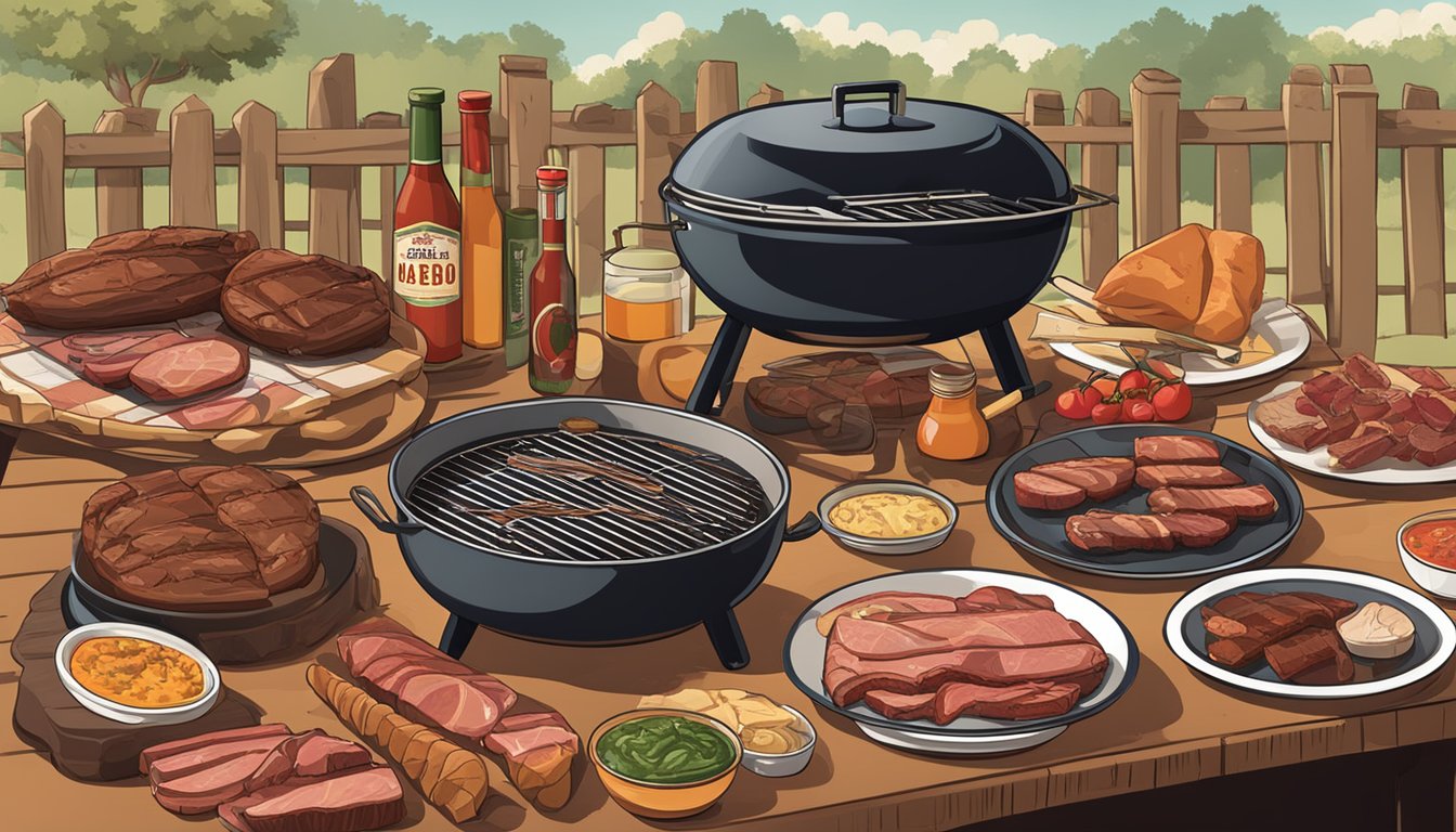 A backyard BBQ with various types of meats, sauces, and grilling tools laid out on a table. A sign displays "Texas BBQ Style" with illustrations of different cuts of meat