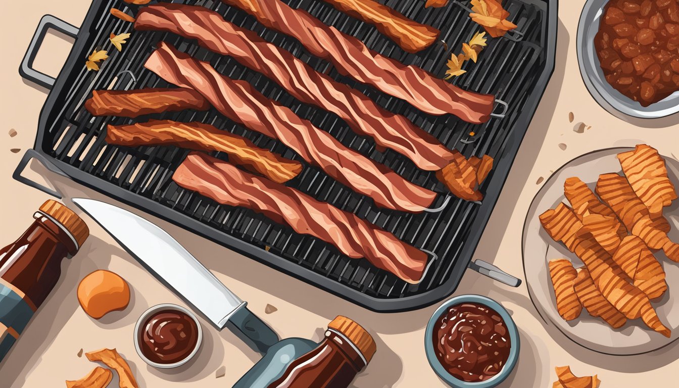 A barbecue grill with sizzling homemade bacon, surrounded by smoking wood chips and a bottle of Texas BBQ sauce