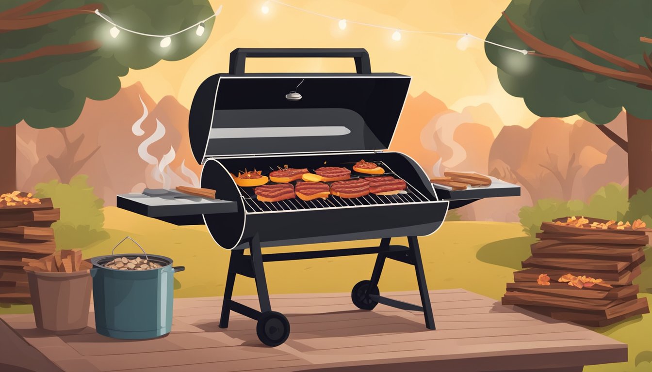 A backyard BBQ setup with a smoker and grill, surrounded by bags of charcoal and wood chips. A slab of homemade bacon is sizzling on the grill, emitting a mouthwatering aroma