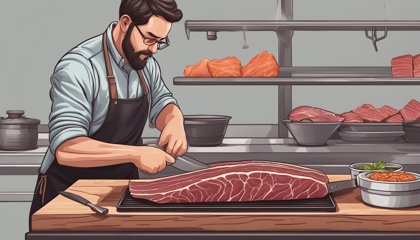 A butcher slicing a marbled beef brisket for BBQ jerky