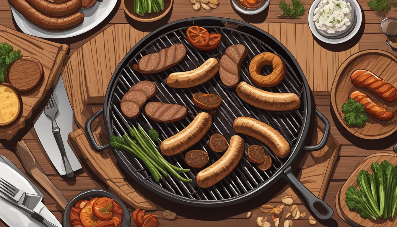 A grill sizzling with a variety of sausages, smoke rising, with a rustic wooden serving platter and garnishes nearby