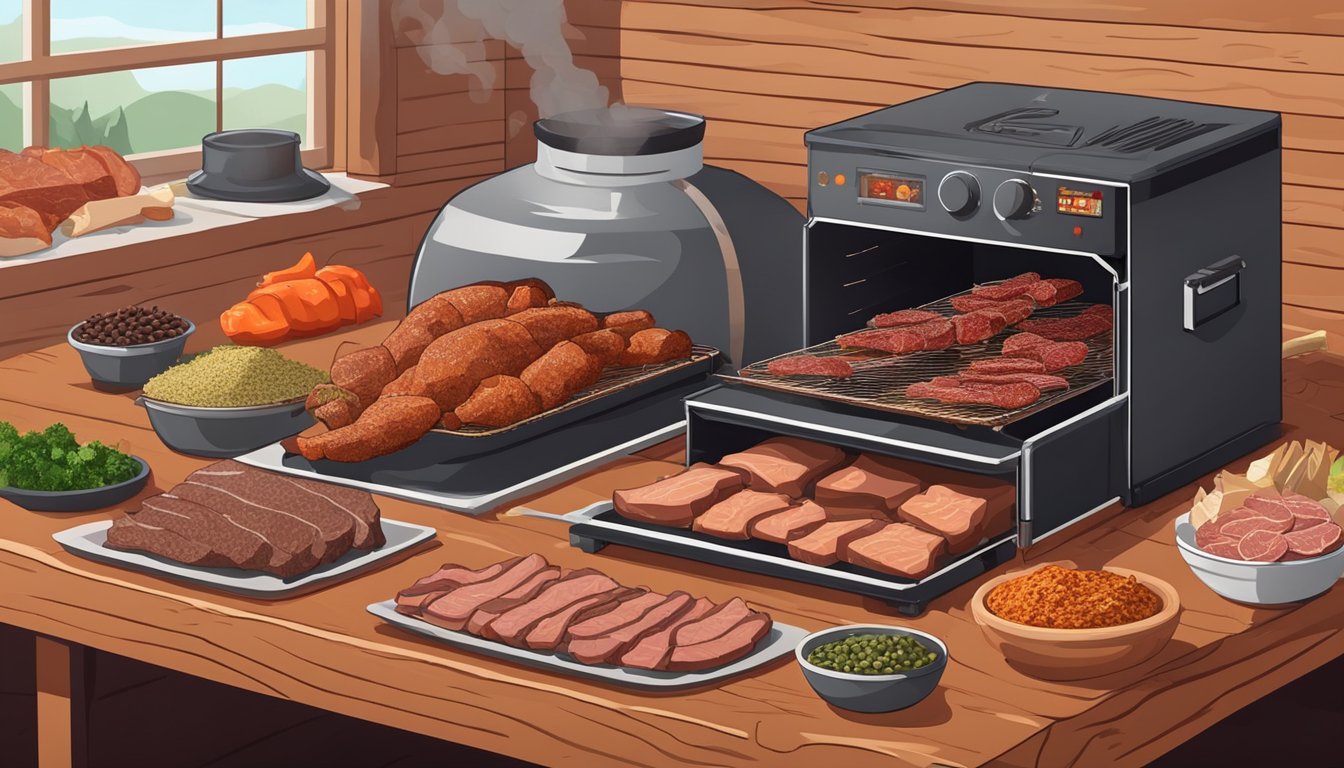 A dehydrator or smoker sits on a wooden table, surrounded by various seasonings and cuts of meat. A thick aroma of Texas BBQ flavor fills the air