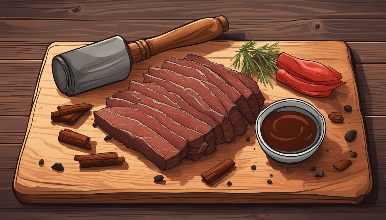 A rustic wooden cutting board holds a pile of smoky Texas BBQ beef jerky, surrounded by scattered spices and a bottle of BBQ sauce