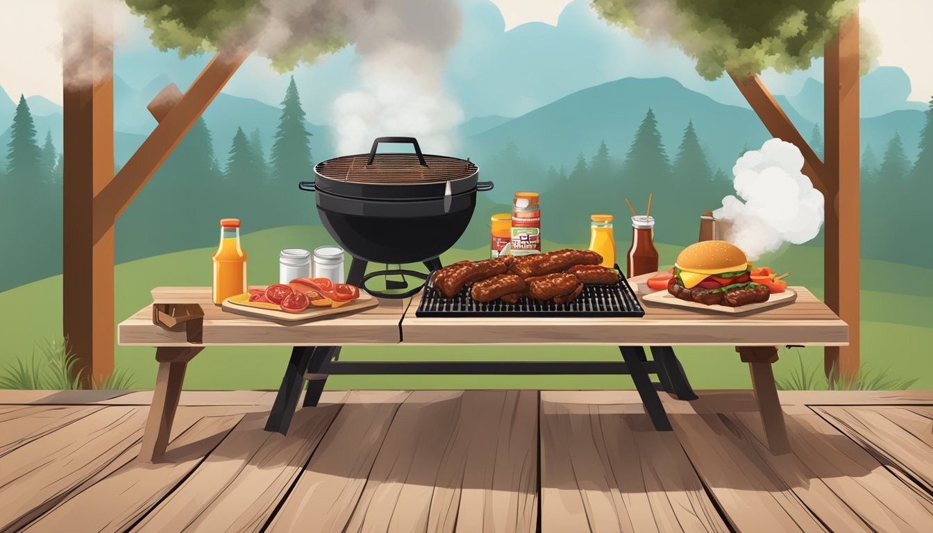 A rustic outdoor picnic table set with classic Texas BBQ sides and sauces, surrounded by a backdrop of smoke and sizzling meat on the grill