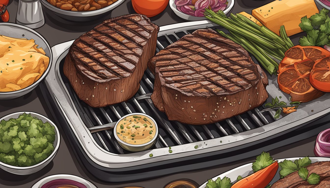 A grill with perfect grill marks on a juicy steak, surrounded by Texas BBQ style ingredients and seasonings