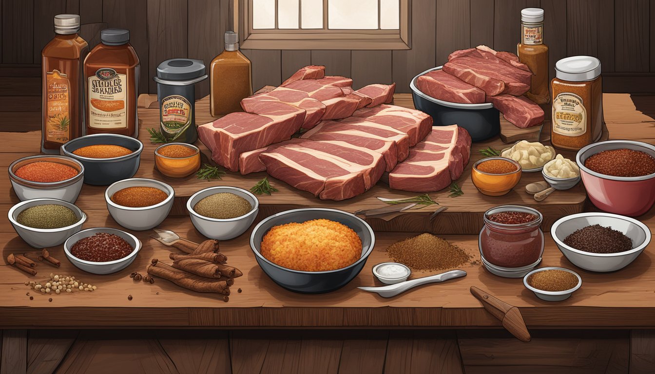 A butcher's table displays various pork rib cuts, surrounded by Texas BBQ spices and sauces