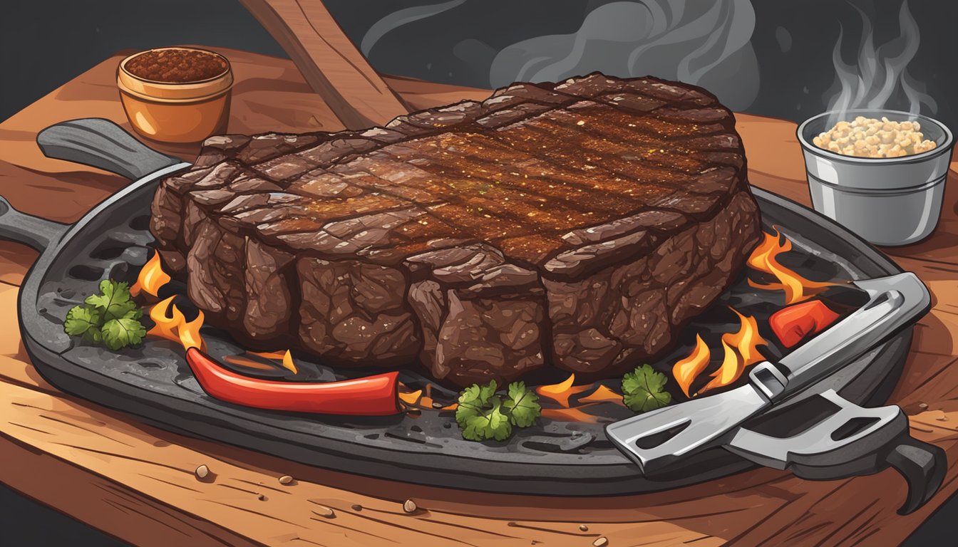 A bison steak sizzling on a hot grill with flames licking the meat, surrounded by a Texas BBQ style seasoning and some grilling utensils nearby