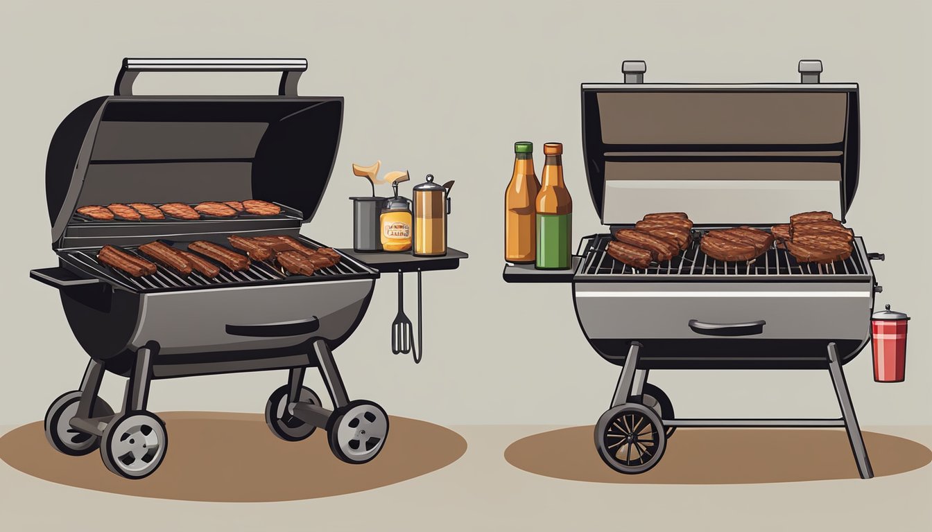 A grill and a smoker side by side, each filled with various cuts of pork ribs. A Texas BBQ style setting with a comprehensive guide to cooking methods