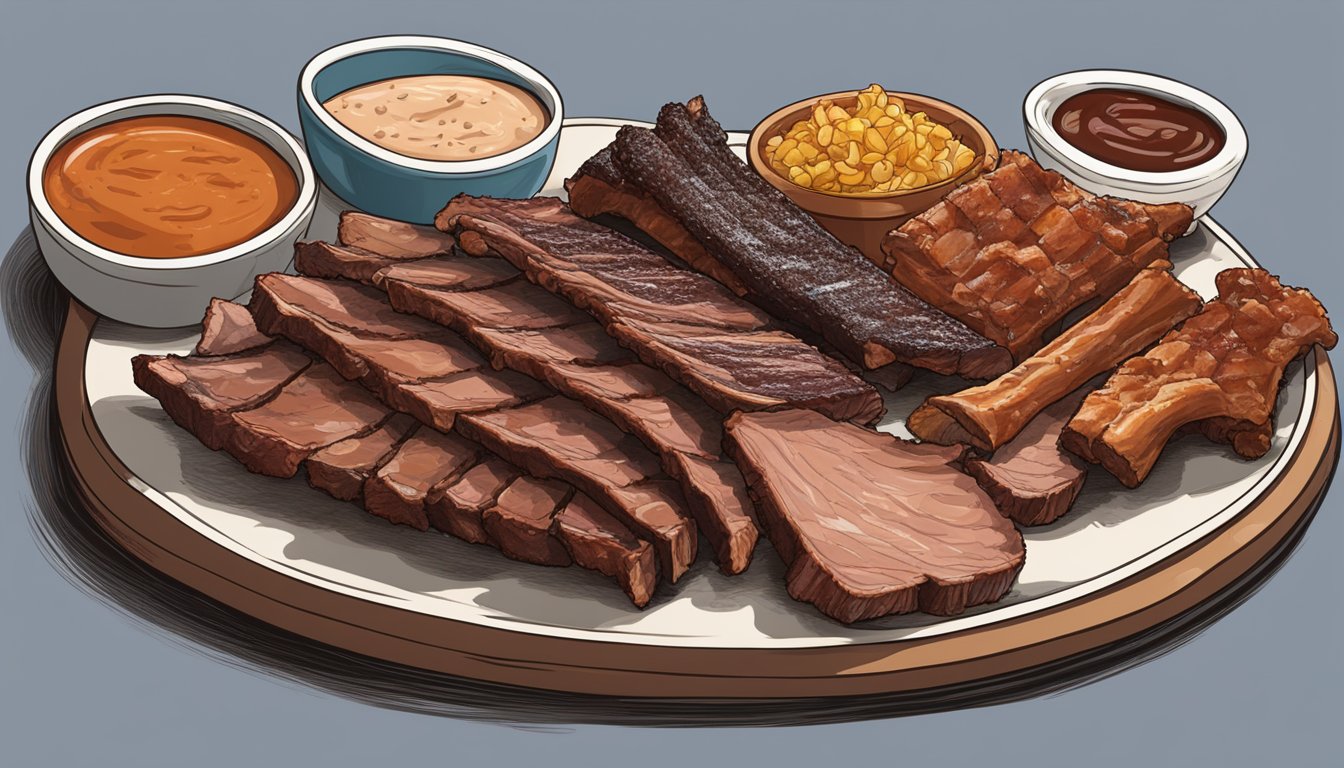 A platter of various pork rib cuts, including St. Louis, baby back, and spare ribs, arranged with traditional Texas BBQ sauce and seasoning