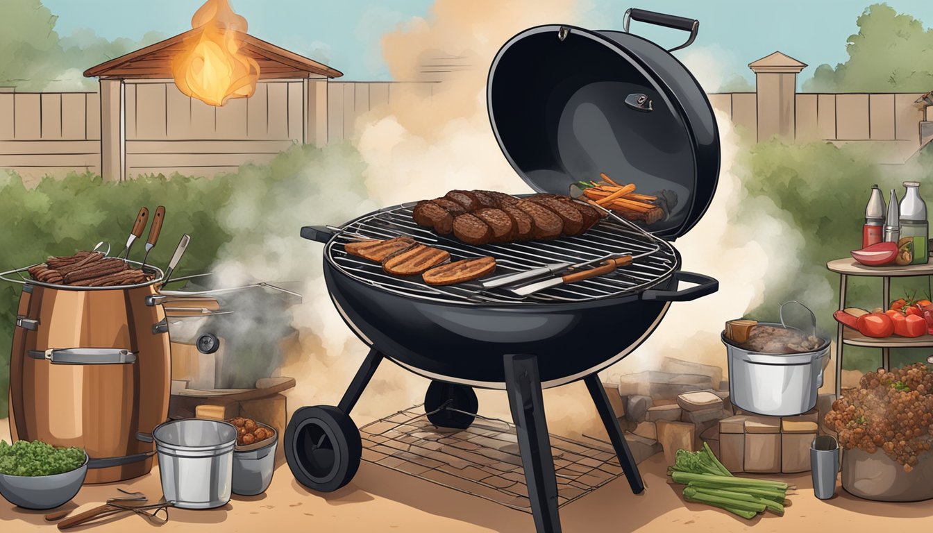 A grill converted into a smoker, emitting fragrant smoke, surrounded by Texas-style BBQ ingredients and utensils