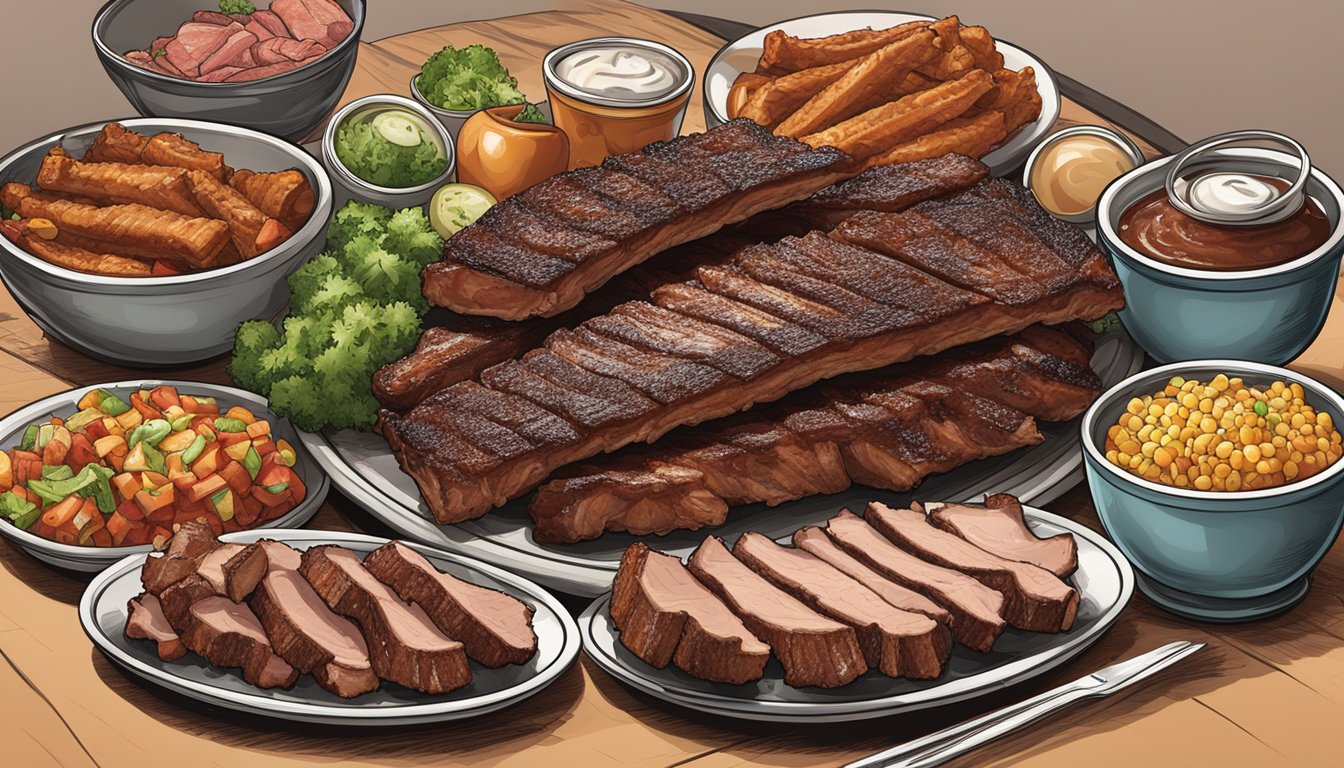 A platter of various pork rib cuts arranged with Texas BBQ style garnishes and sides