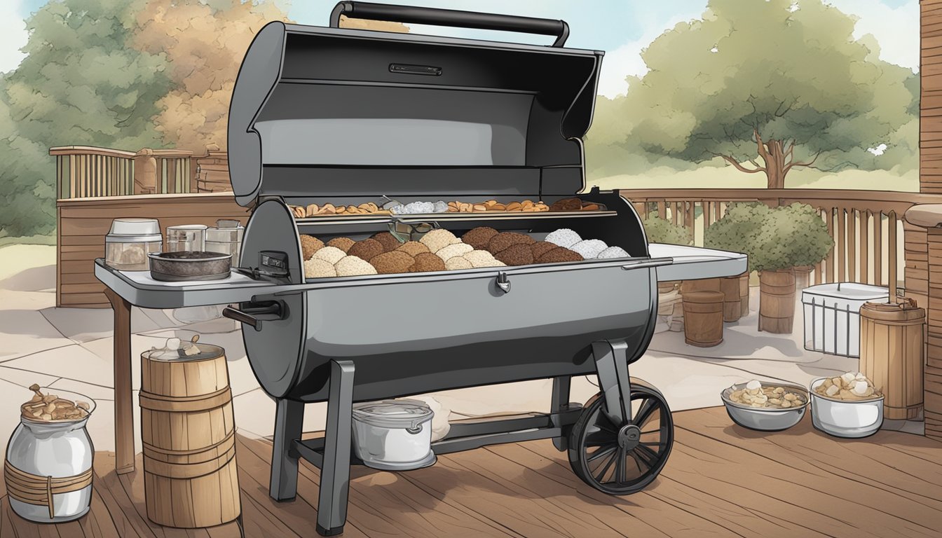 A large smoker filled with ice cream churns next to a grill, surrounded by ingredients like vanilla beans, heavy cream, and hickory wood chips