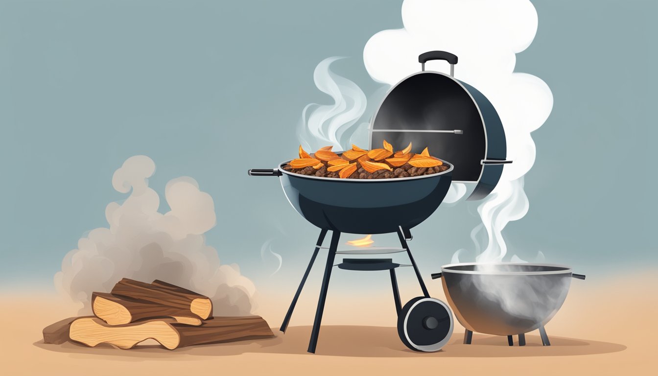 A grill transformed into a smoker with added wood chips and a water pan, emitting smoke while cooking Texas BBQ style