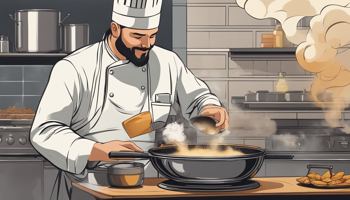 A chef mixes smoked cream, sugar, and spices in a metal bowl. Smoke billows from a nearby grill, infusing the mixture with a rich, savory aroma