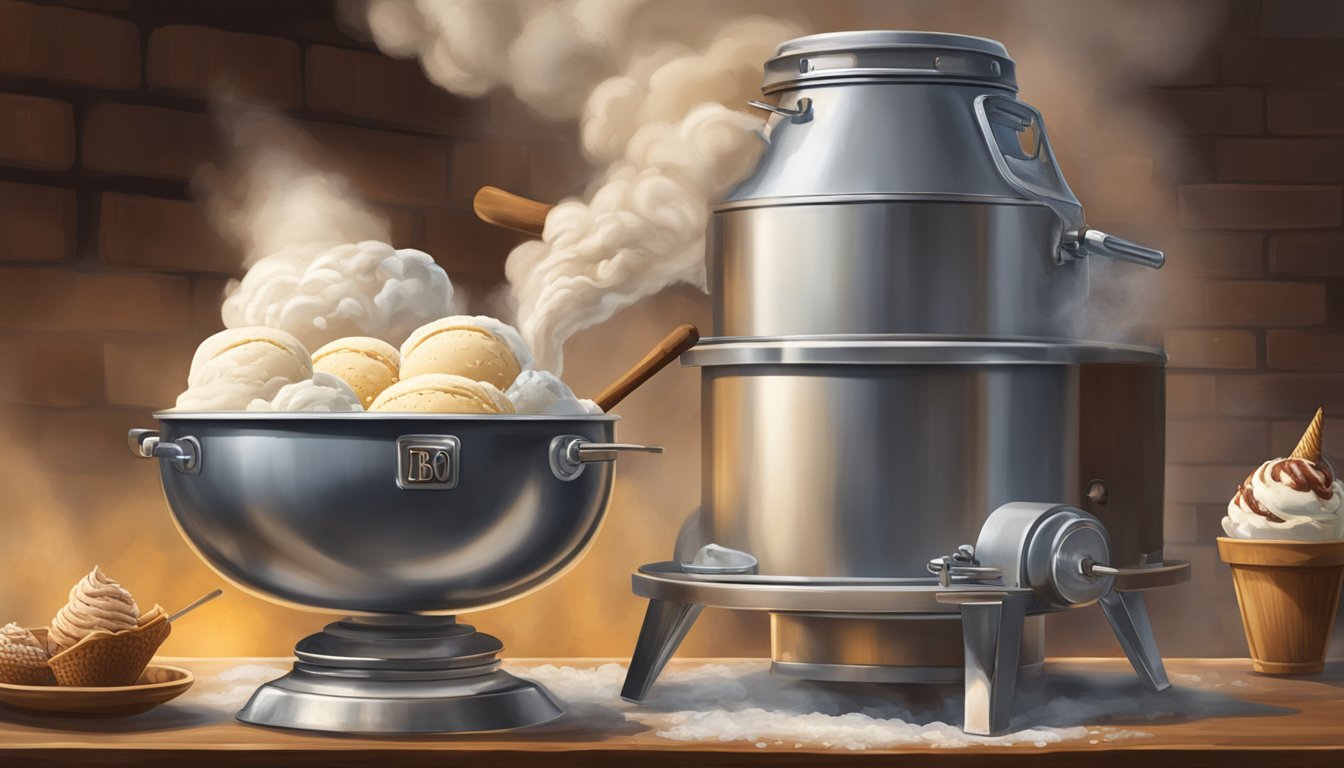 A large metal smoker billowing white smoke beside a churn of creamy ice cream. The air is filled with the rich aroma of Texas BBQ