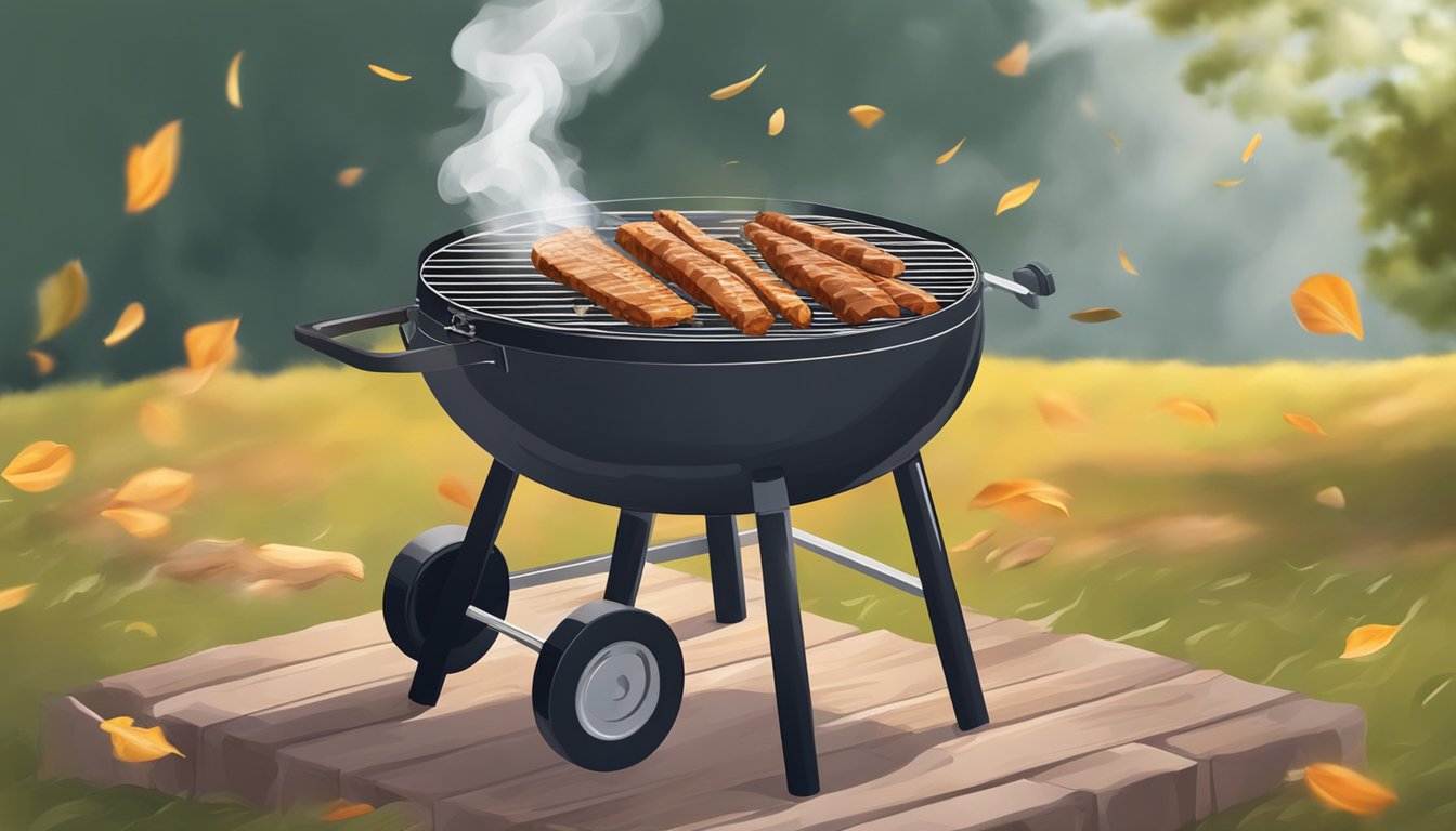 A grill converted into a smoker with wood chips and meat cooking, emitting fragrant smoke