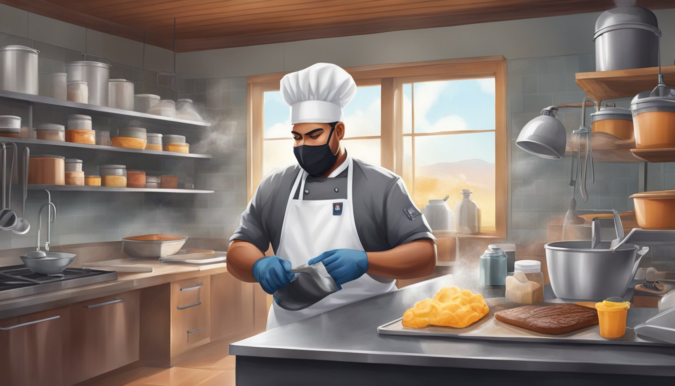 A chef in a Texas BBQ kitchen prepares smoked ice cream with safety gear and cleaning supplies nearby