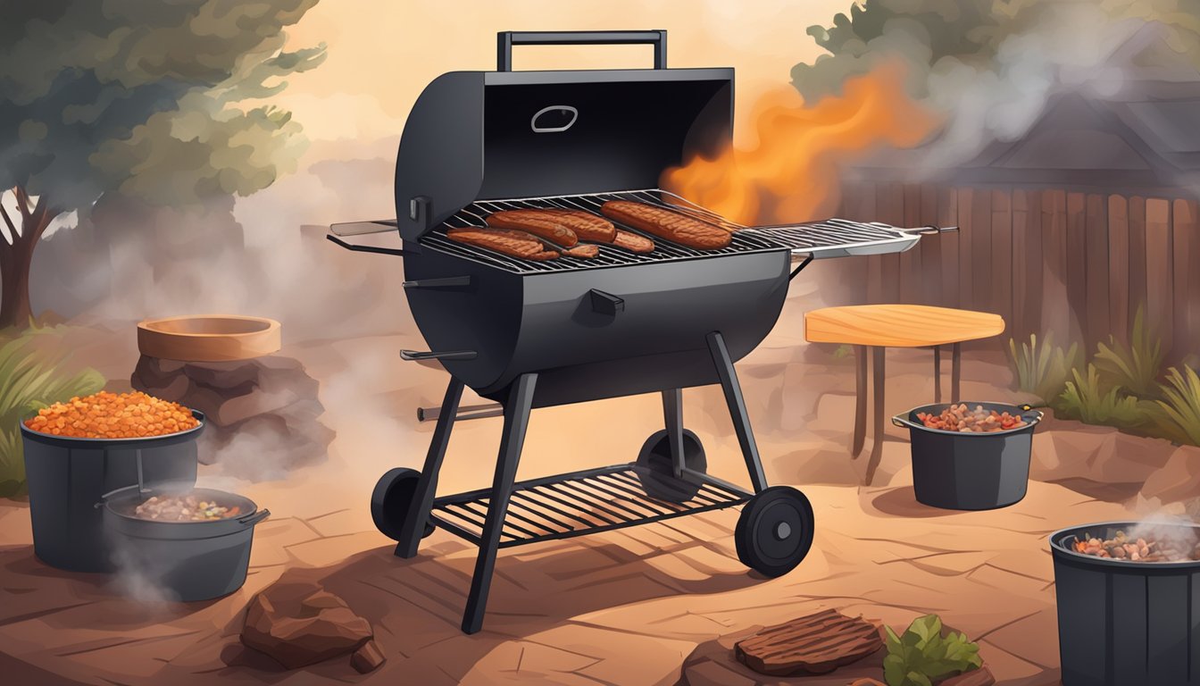 A grill transformed into a smoker, emitting fragrant smoke as Texas BBQ is prepared, with wood chips smoldering and meat cooking low and slow