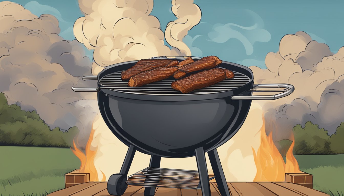 A grill transformed into a smoker, billowing smoke, with Texas BBQ ribs sizzling over the heat