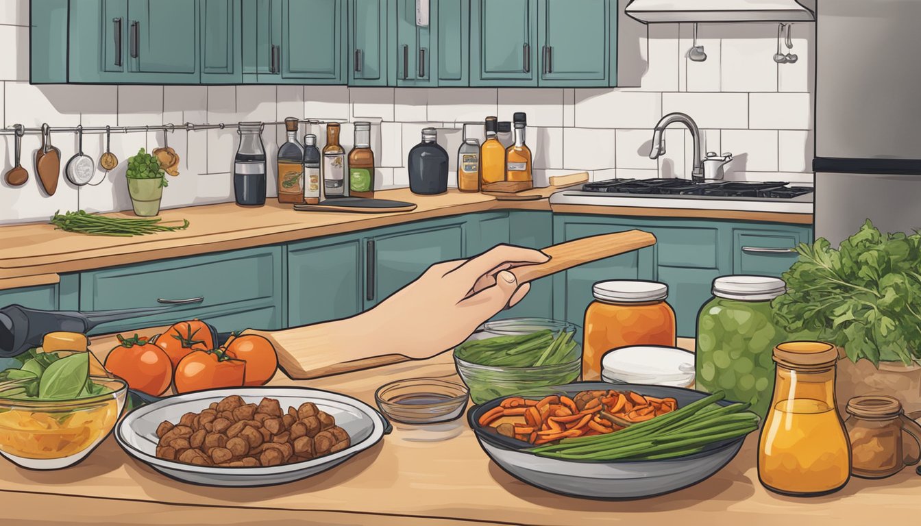 A hand reaching for various ingredients on a kitchen counter to make grilled pizza rolls with Texas BBQ flavors