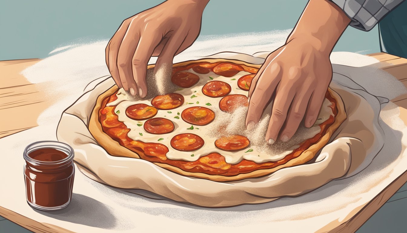 A pair of hands kneading pizza dough on a floured surface with a rolling pin and barbecue sauce nearby