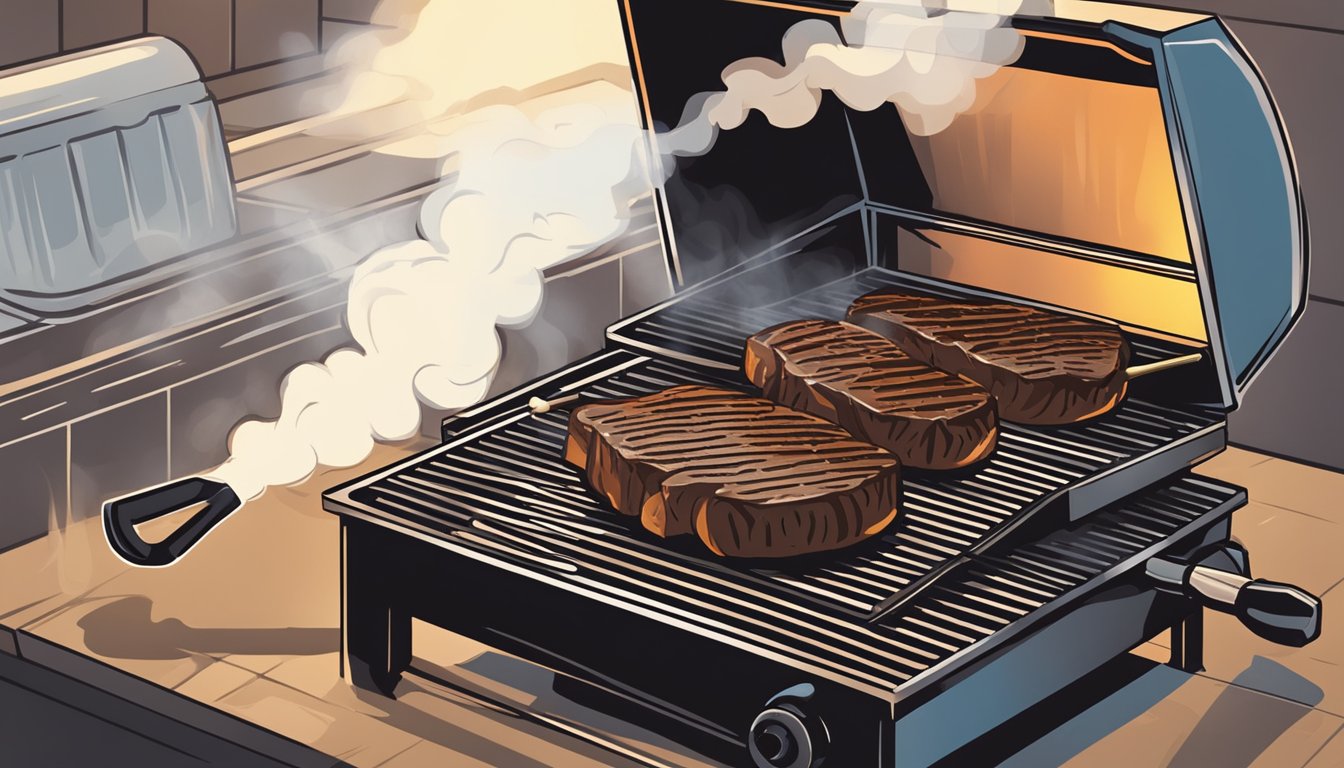 A grill with smoke rising, a sizzling filet mignon cooking over the open flames, with a thermometer inserted to check for doneness