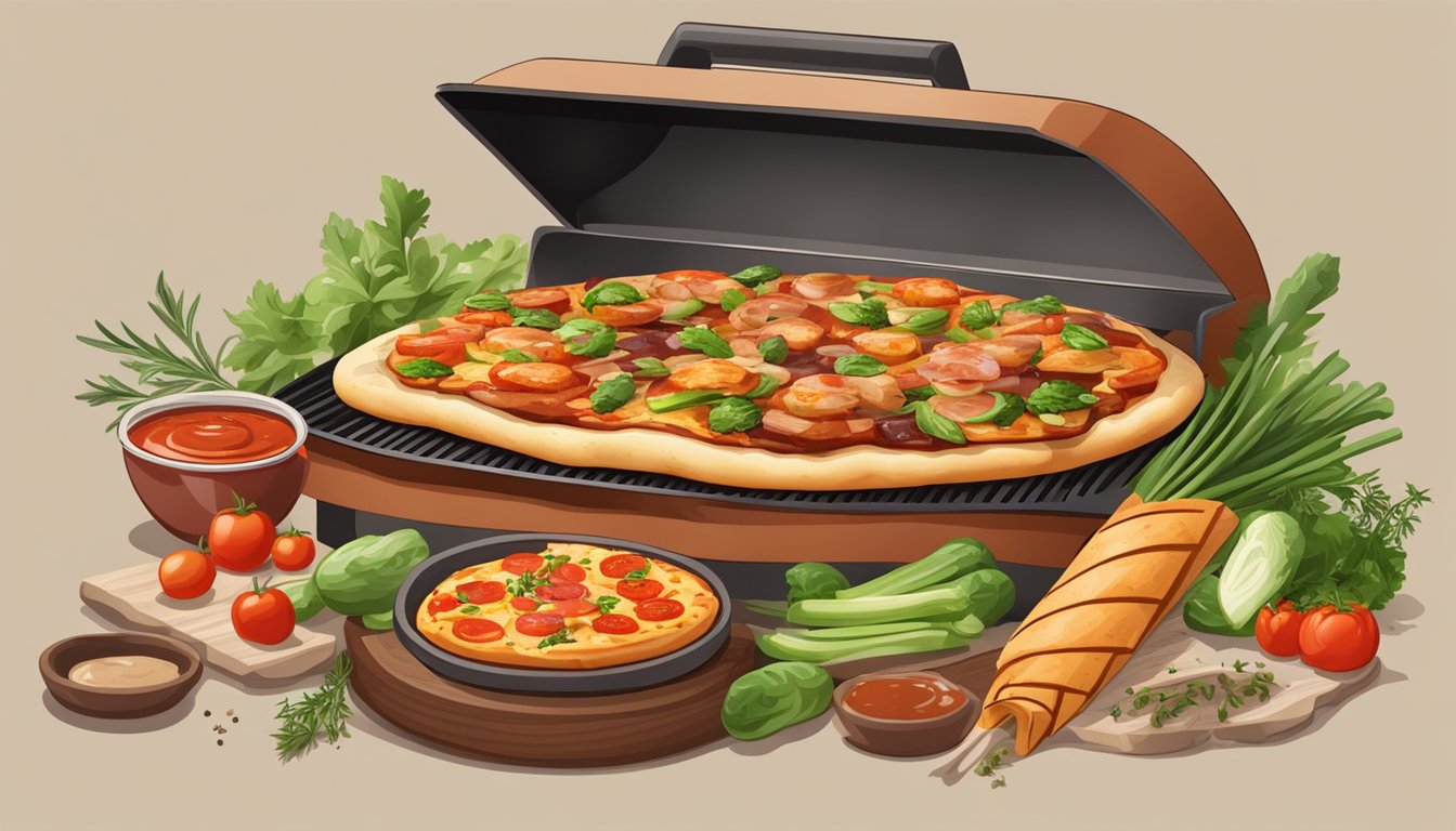 A grill with sizzling pizza rolls topped with BBQ sauce and fresh vegetables, surrounded by herbs and spices