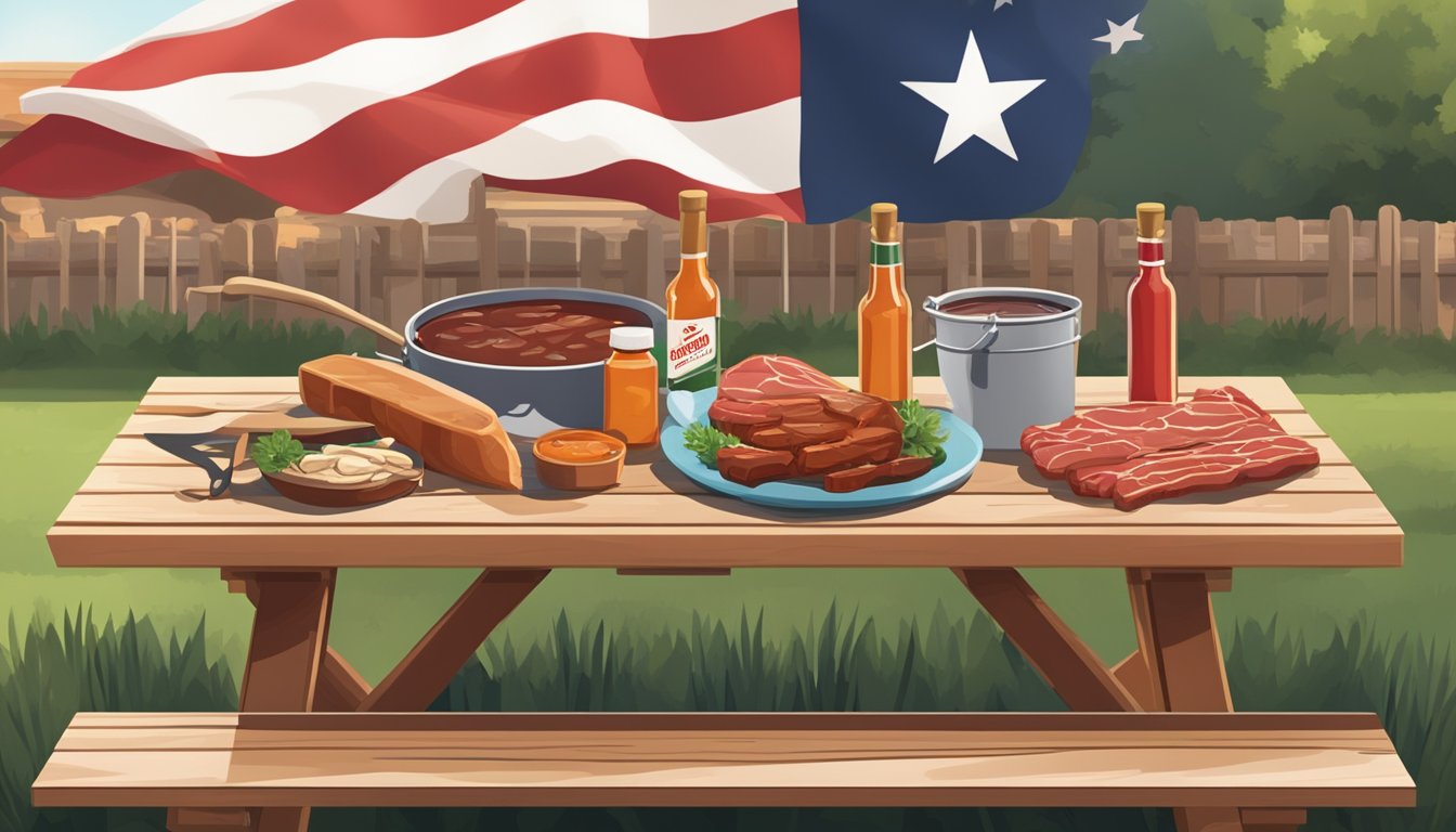 A selection of meat, barbecue sauces, and grilling tools laid out on a wooden picnic table in a backyard patio, with a Texas flag hanging in the background