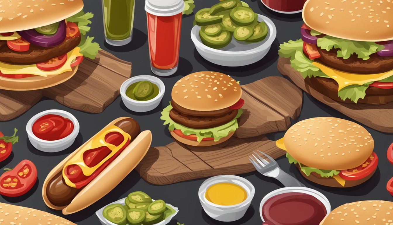 A wooden picnic table set with a variety of condiments, including ketchup, mustard, and pickles, alongside a selection of barbecue pairings like burgers and hot dogs