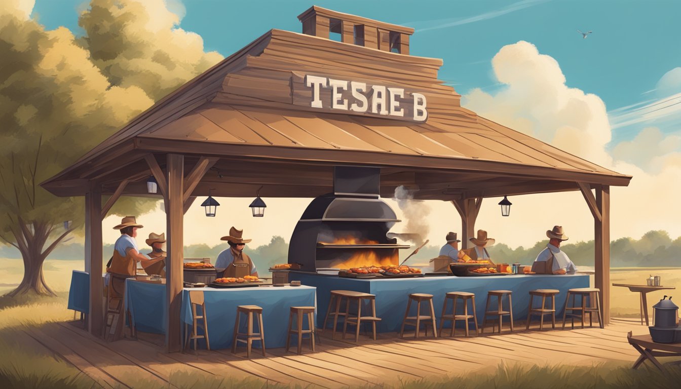 A rustic outdoor Texas BBQ scene with a smoking grill, picnic tables, and cowboy hats under a big blue sky