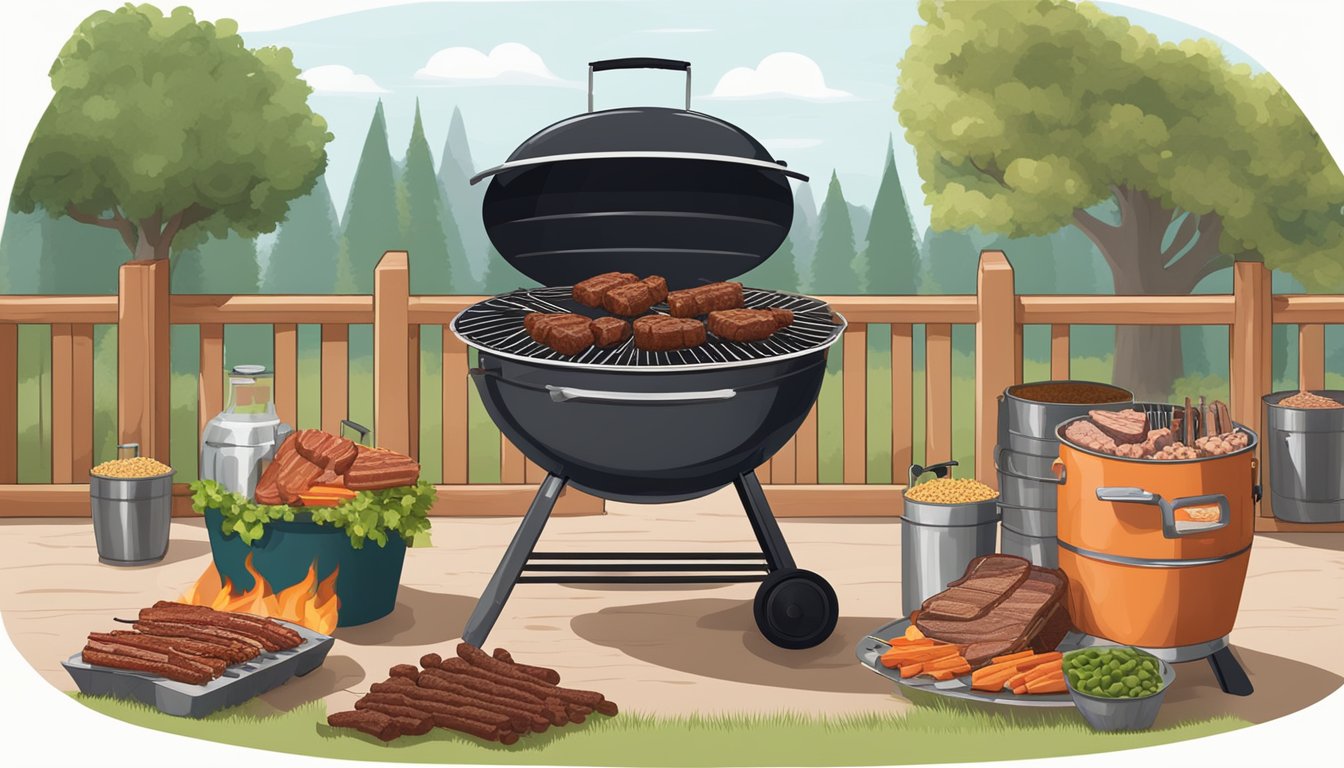 A backyard BBQ grill filled with smoky wood pellets, surrounded by Texas-style BBQ meats and sauces