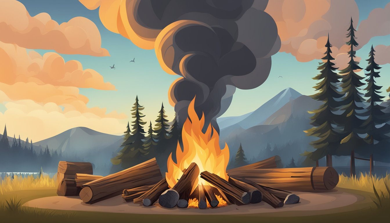 A roaring campfire surrounded by logs and a grill, with smoke billowing up into the sky