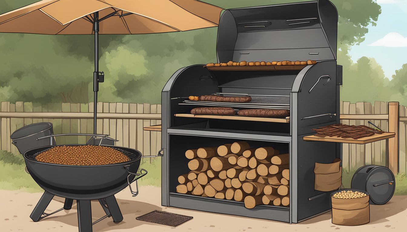 A rustic outdoor BBQ pit with a Texas-style smoker, surrounded by bags of various wood pellets, and a grill loaded with sizzling meats