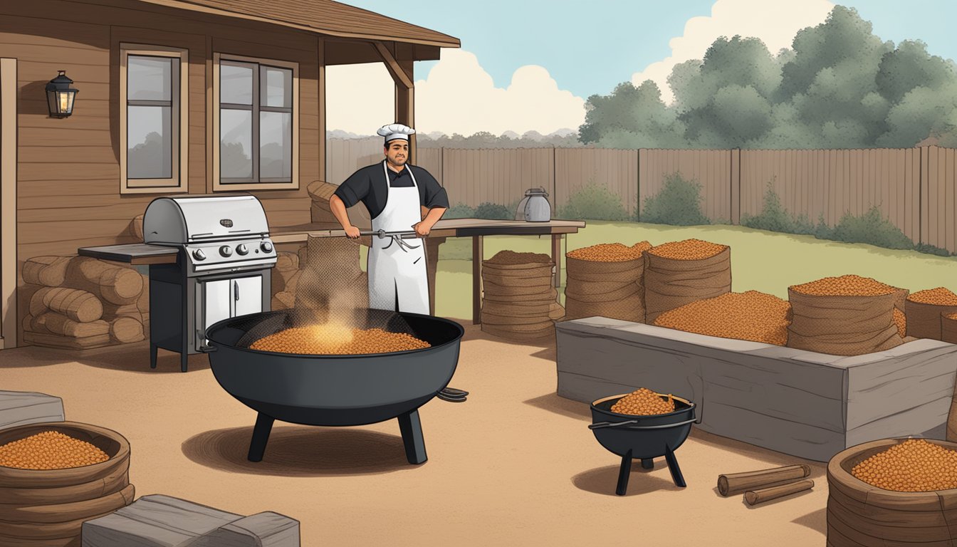 A rustic Texas barbecue pit surrounded by bags of various wood pellets, with a chef expertly adding them to the fire