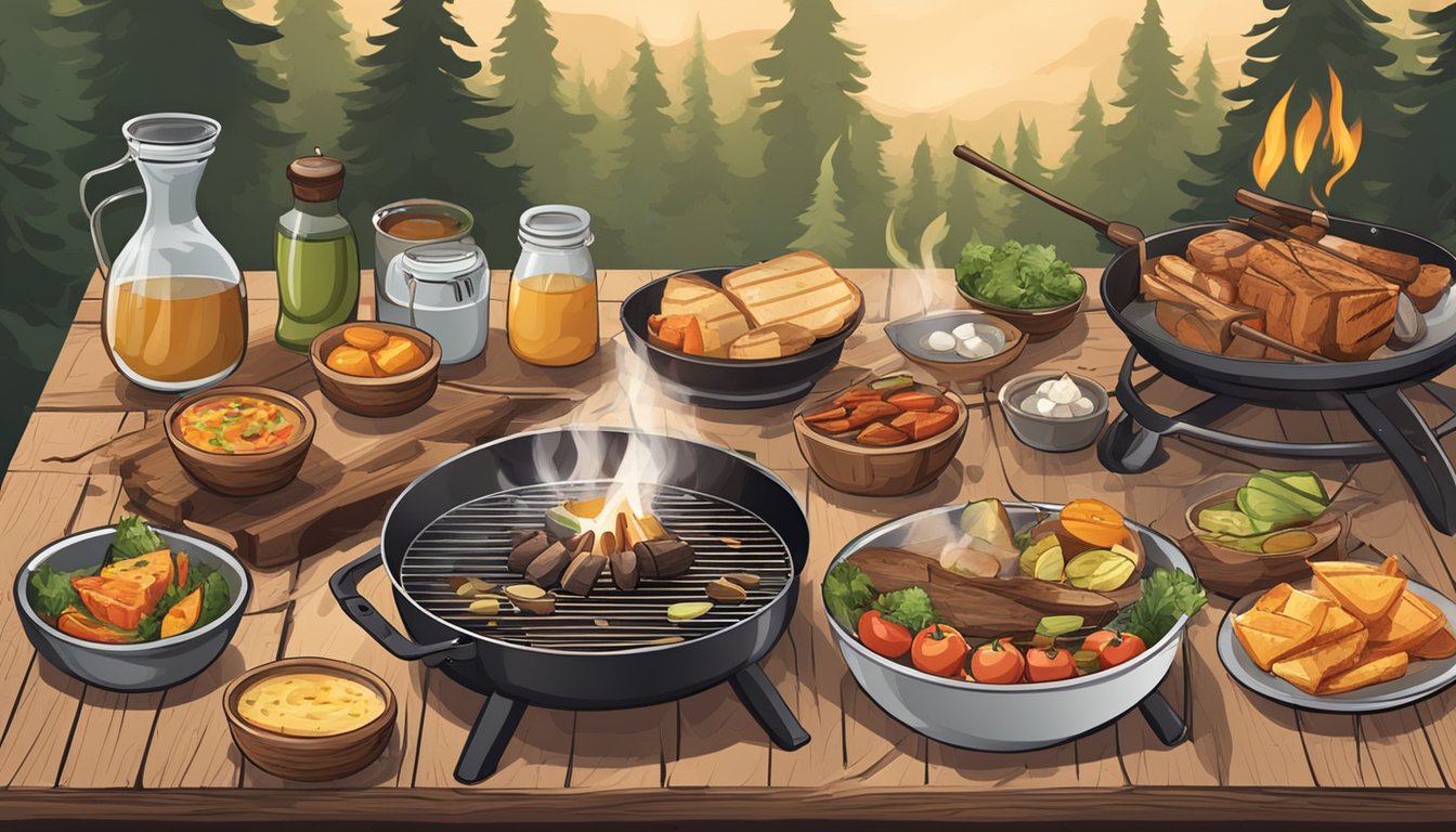 A rustic outdoor setting with a campfire, grilling equipment, and various side dishes and accompaniments laid out on a wooden table