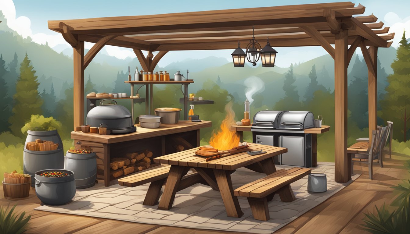 A rustic outdoor setting with a roaring campfire, wooden picnic tables, and a chef's station with grilling equipment and spices