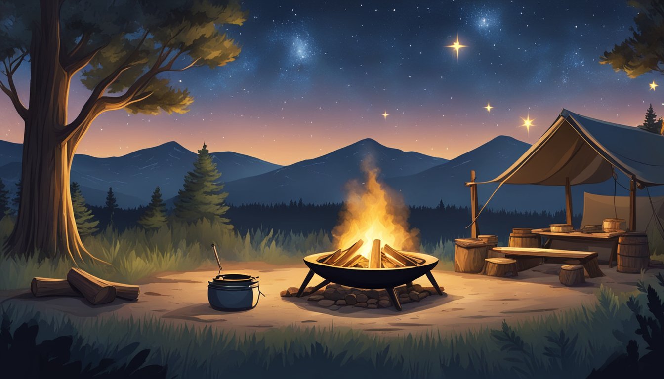 A rustic campsite in the Texas wilderness, with a crackling fire pit surrounded by logs, a makeshift grill, and a canopy of stars overhead